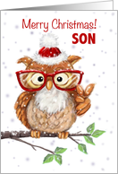 Merry Christmas Son Cool Owl with Eyeglasses Showing V Sign card