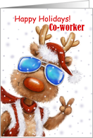 Happy Holidays Co-Worker Cool funny Reindeer with Sunglasses V sign card