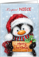 Merry Christmas Niece Cute Penguin with Panel with Letters card