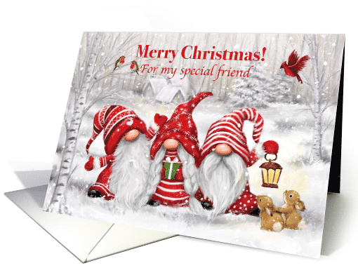 Merry Christmas Friend Gnomes and Friends in Snowy Woodland card