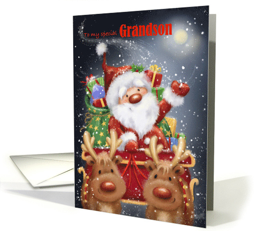 Merry Christmas Grandson Santa Riding on Sleigh with Presents card