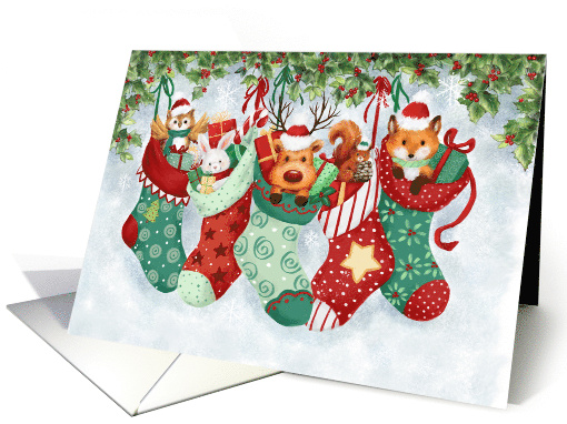 Merry Christmas Wood Friends in Socks Stockings card (1750454)