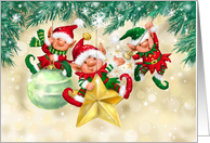 Merry Christmas Elves on Baubles card