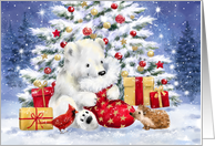 Merry Christmas Polar Bear and Sock in front of Decorated Tree card