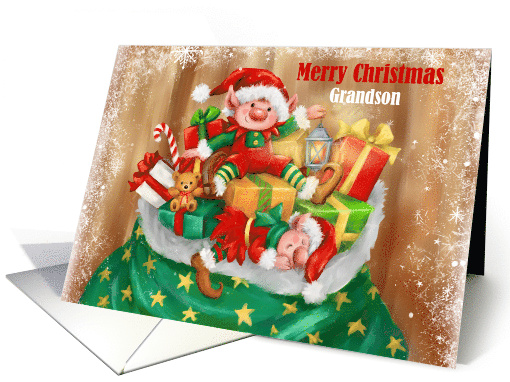 Merry Christmas Grandson Elves on Sac of Presents card (1752096)