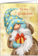 Grandson Merry Christmas Cute Gnome with Golden Present card