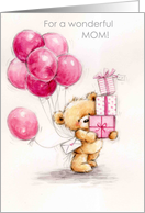 mother’s birthday, bear with presents & balloons card