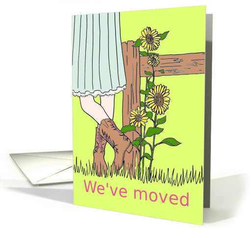 Sunflower Moving Announcement with cowgirl and wood fence card