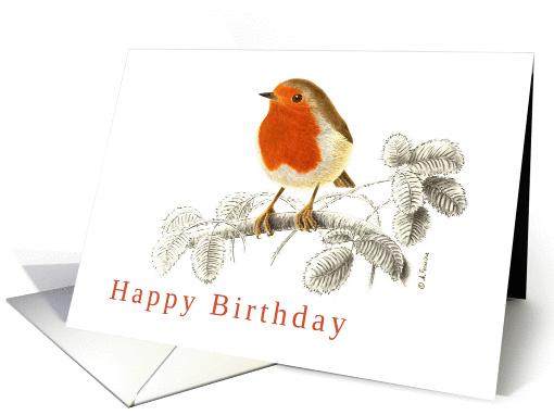 Accurate Robin on Raspberry branch Illustration Birthday card (70453)