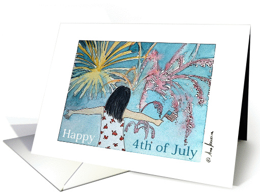 Happy 4th of July girl with American flag watching fireworks card