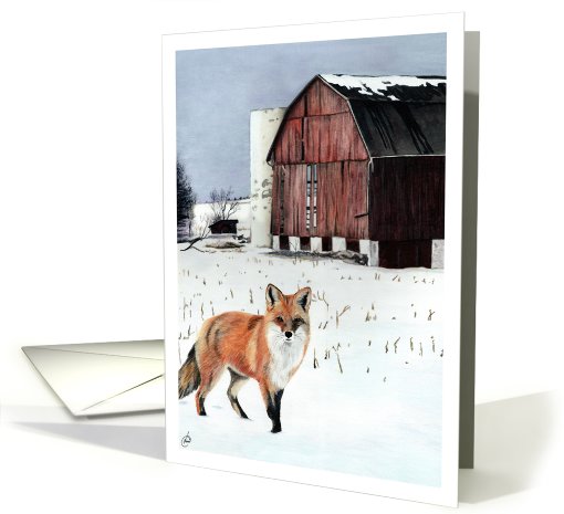 Red Fox WInter Barn Corn Field Scene card (683465)