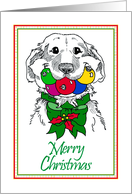 Merry Christmas, Golden Retriever with Mouthful Of Nine Ornaments card