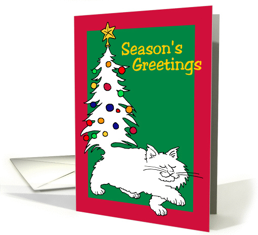 Season's Greetings, White Cat With Christmas Tree Tail card (869001)