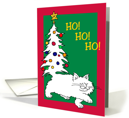 Fluffy White Cat With Christmas Tree Tail, Ho! Ho! Ho! card (869006)