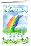 Happy St. Patrick’s Day Son and Family Rainbow Clover Watercolor Art card