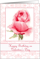 Happy Birthday on Valentine’s Day Pink Rose Flower Watercolor Art card