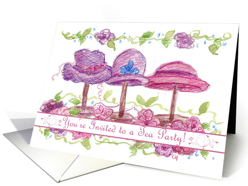 Tea Party Invitation Pink Victorian Hats Flowers Art Drawing card