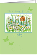 Thinking of You Sister Daisy Flower Garden Birdhouse Butterflies card