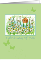 Thinking of You Daisy Flower Garden Birdhouse Butterflies card