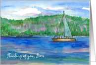 Thinking of You Boss Sailing Mountain Lake Watercolor card