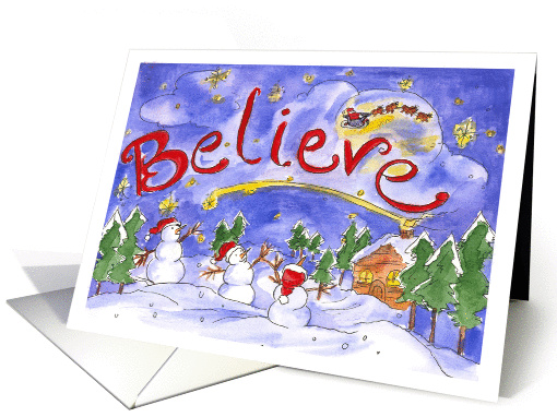 Merry Christmas Believe Santa's Sleigh Snowmen Snowy Night card