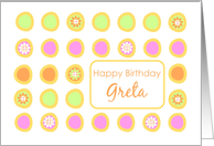 Happy Birthday Greta Bright Flowers Colorful Polka Dots card