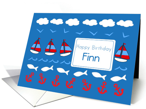 Happy Birthday Finn Sailboats Fish Red White Blue card (1078370)