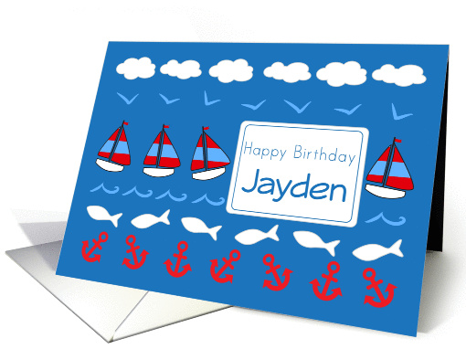 Happy Birthday Jayden Sailboats Fish Red White Blue card (1078404)