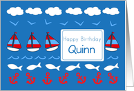 Happy Birthday Quinn Sailboats Fish Red White Blue card