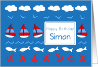 Happy Birthday Simon Sailboats Fish Red White Blue card