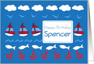 Happy Birthday Spencer Sailboats Fish Red White Blue card