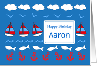 Happy Birthday Custom Name Card Sailboats Fish Red White Blue card