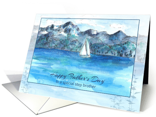 Happy Father's Day Step Brother Sailing Mountain Lake Watercolor card