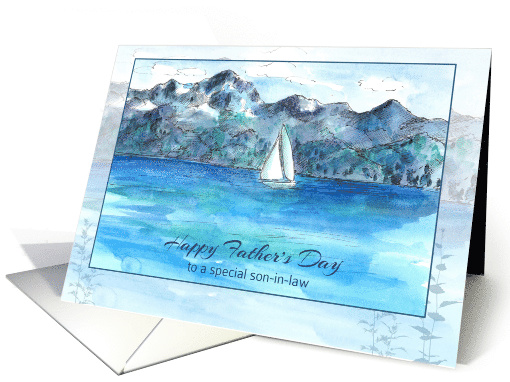 Happy Father's Day Son in Law Sailing Mountain Lake Watercolor card