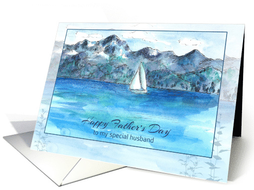 Happy Father's Day Husband Sailing Mountain Lake Watercolor card