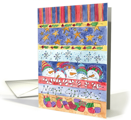 Whimsical Merry Christmas Snowman Snowflakes Stockings card (110600)