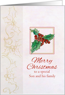 Merry Christmas Son and Family Holly Watercolor Botanical Art card