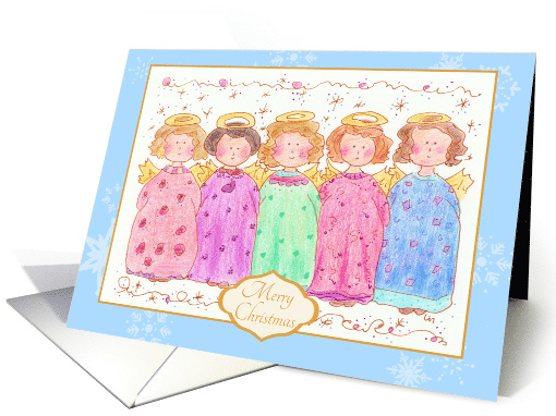 Merry Christmas Angels Friends Blue Snowflakes Illustration card