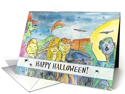 Zombie Happy Halloween Full Moon Bats Black Cats Witch card (1130588)