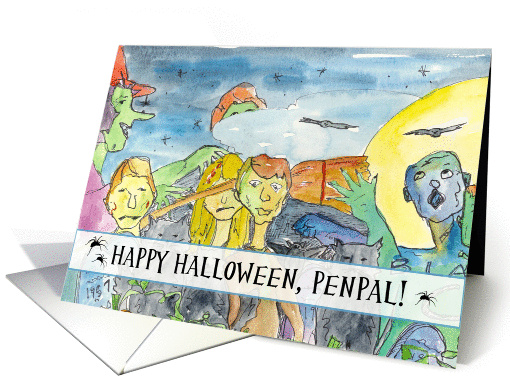Zombie Happy Halloween Penpal Full Moon Bats Black Cats card (1130616)
