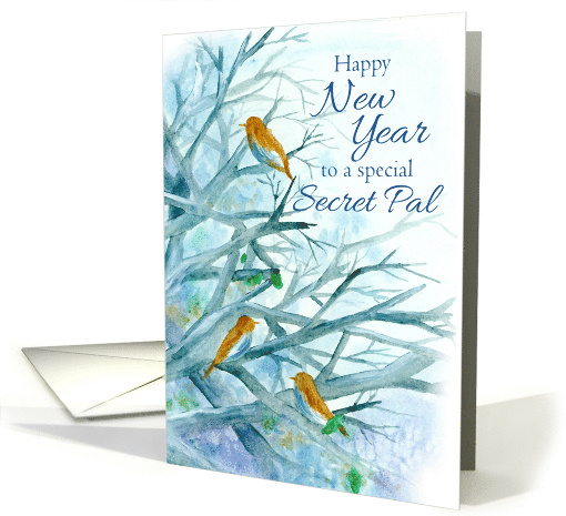 Happy New Year Secret Pal Bluebirds Winter Trees Watercolor card