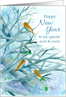 Happy New Year Aunt and Uncle Bluebirds Winter Trees Watercolor card