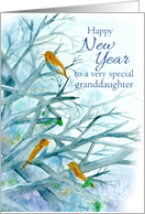 Happy New Year Granddaughter Bluebirds Winter Trees Watercolor card