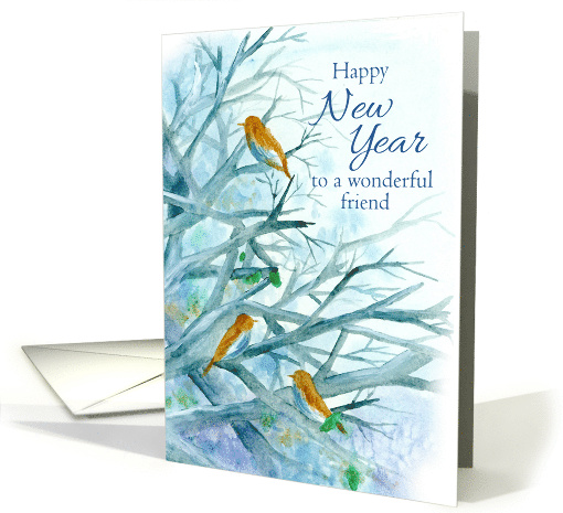Happy New Year Friend Bluebirds Winter Trees Watercolor card (1143678)