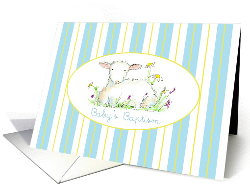 Baby's Baptism Invitation Lamb Art Drawing Blue Stripe card (1144406)