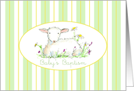 Baby’s Baptism Invitation Lamb Art Drawing Green Stripe card