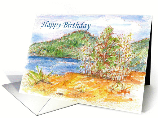 Happy Birthday Lake Outdoor Mountain Landscape Illustration card
