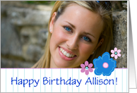 Happy Birthday Custom Photo Name Card Blue Flowers card