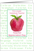 Teacher Appreciation Day Substitute Red Apple Alphabet Letters card