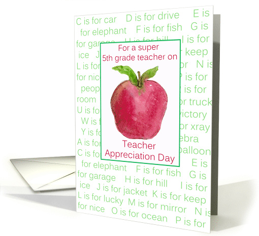 Teacher Appreciation Day 5th Grade Red Apple Alphabet Letters card